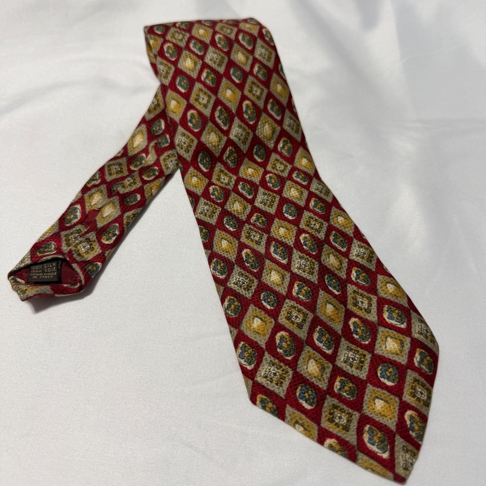 Valentino Cravatte Neck Tie Mens OS Red Geometric Diamond Silk Hand Made Italy